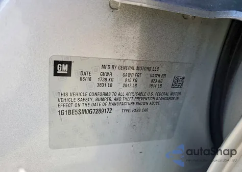 2016 Chevrolet Cruze Lt из США, поврежденный, VIN 1G1BE5SM0G7289172